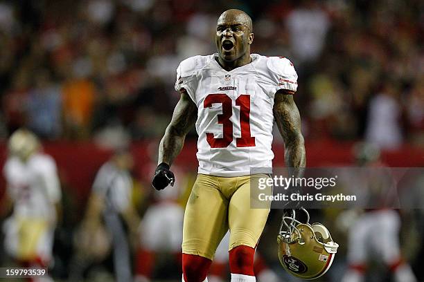 Donte Whitner of the San Francisco 49ers reacts after stopping the Atlanta Falcons on fourth down in the fourth quarter in the NFC Championship game...
