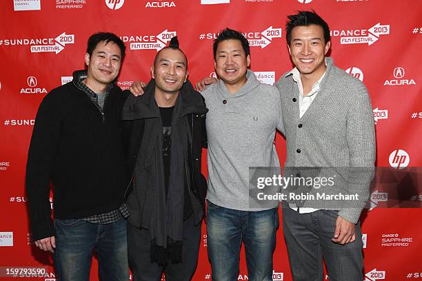 Producer Allen Lu, director Evan Jackson Leong and producers Christopher Chen and Brian Yang attend the "Linsanity" Premiere at The Marc Theatre...