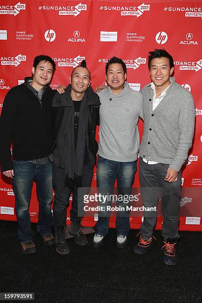 Producer Allen Lu, director Evan Jackson Leong and producers Christopher Chen and Brian Yang attend the "Linsanity" Premiere at The Marc Theatre...