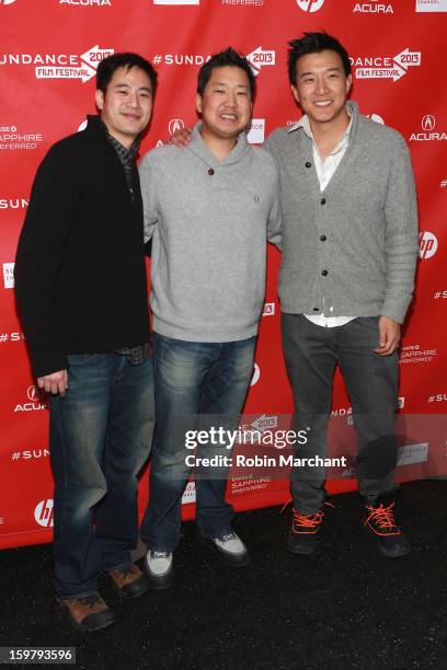 Producers Allen Lu, Christopher Chen and Brian Yang attend the "Linsanity" Premiere at The Marc Theatre during the 2013 Sundance Film Festival on...