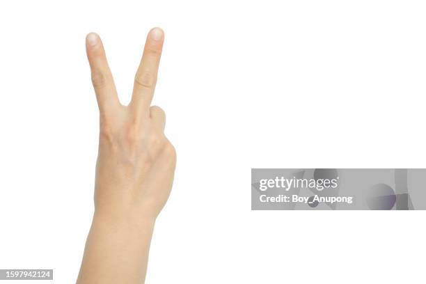 cropped shot of woman hand showing two finger (or v sign) isolated with white background. - dorso mano fotografías e imágenes de stock