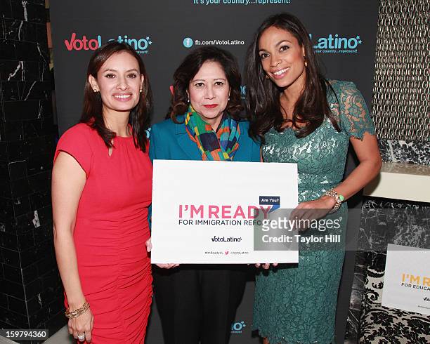 Voto Latino Chairman/CEO Maria Teresa Kumar, United States Secretary of Labor Hilda Solis, and actress Rosario Dawson attend Voto Latino's 2013...