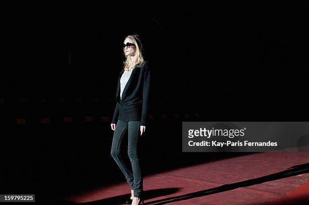 Model walks the runway before the Rynshu Men Autumn / Winter 2013 show as part of Paris Fashion Week on January 20, 2013 in Paris, France.