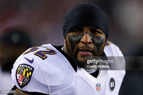 Ray Lewis of the Baltimore Ravens looks on prior to the 2013 AFC Championship game against the New England Patriots at Gillette Stadium on January...