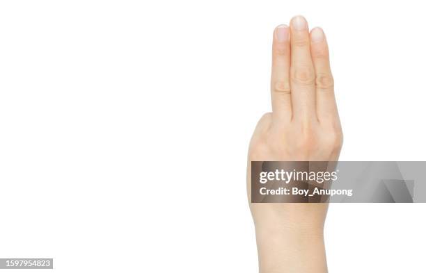 cropped shot of woman hand showing three finger isolated with white background. - three fingers stock pictures, royalty-free photos & images