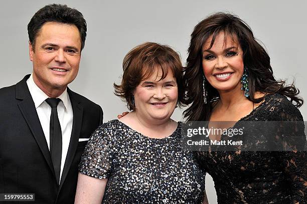 Donny Osmond, Susan Boyle and Marie Osmond pose backstage at the Donny and Marie Osmond concert at the 02 Arena on January 20, 2013 in London,...