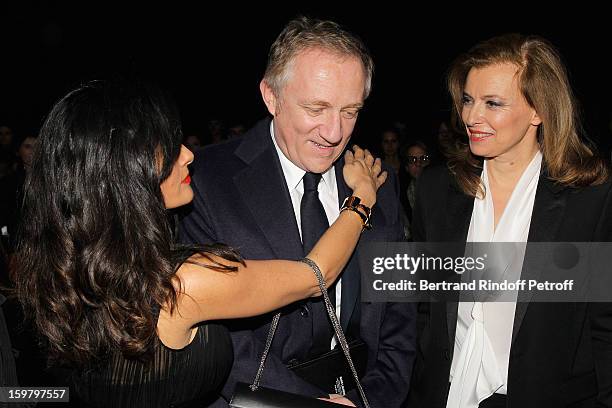 Salma Hayek, Francois-Henri Pinault and Valerie Trierweiler attend the Saint Laurent Men Autumn / Winter 2013 show at Grand Palais as part of Paris...