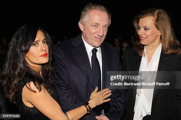 Salma Hayek, Francois-Henri Pinault and Valerie Trierweiler attend the Saint Laurent Men Autumn / Winter 2013 show at Grand Palais as part of Paris...