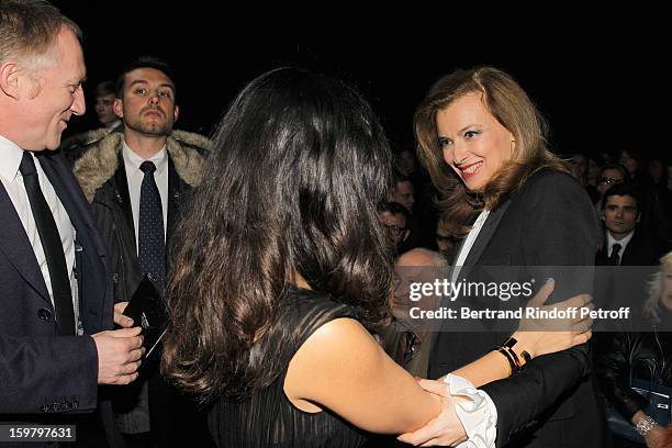 Francois-Henri Pinault, Salma Hayek and Valerie Trierweiler attend the Saint Laurent Men Autumn / Winter 2013 show at Grand Palais as part of Paris...