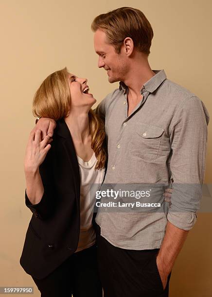 Actors Brit Marling and Alexander Skarsgard pose for a portrait during the 2013 Sundance Film Festival at the Getty Images Portrait Studio at Village...