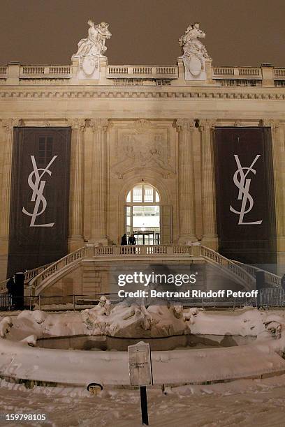 An outside view of the Grand Palais covered in snow prior to the Saint Laurent Men Autumn / Winter 2013 show at Grand Palais as part of Paris Fashion...