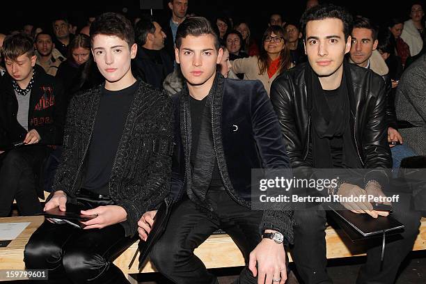 Harry Brant, Peter Brant Jr and Jean-Victor Bettencourt-Meyers attend the Saint Laurent Men Autumn / Winter 2013 show at Grand Palais as part of...