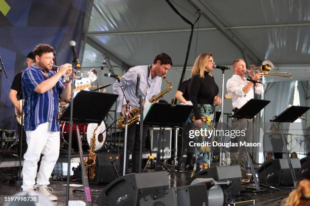 Eric Bloom, Dominic Lalli, Jennifer Hartswick and Adam Bartczak of Big Gigantic performs during the Newport Jazz Festival 2023 at Fort Adams State...