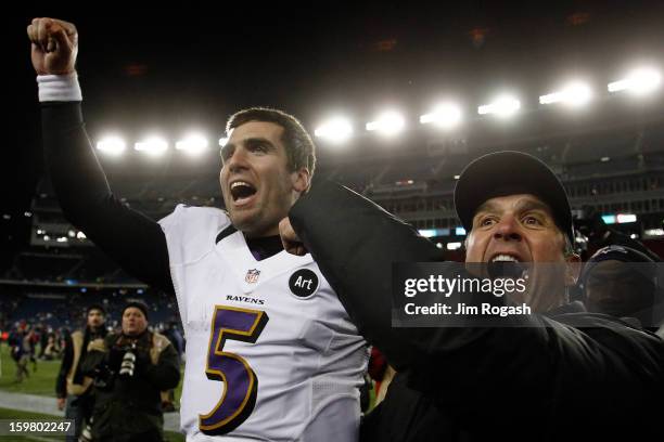 Head coach John Harbaugh and Joe Flacco of the Baltimore Ravens celebrate after defeating the New England Patriots in the 2013 AFC Championship game...