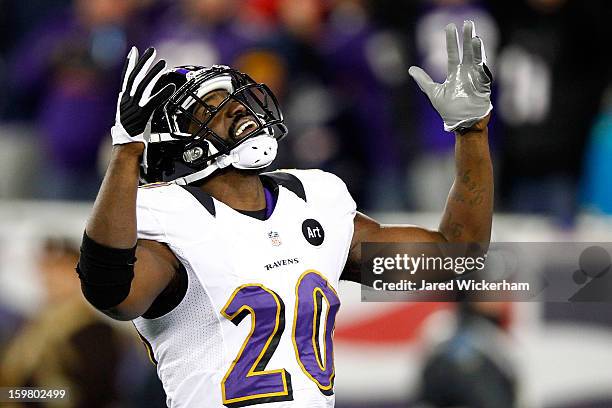 Ed Reed of the Baltimore Ravens reacts after a play late in the game against the New England Patriots during the 2013 AFC Championship game at...