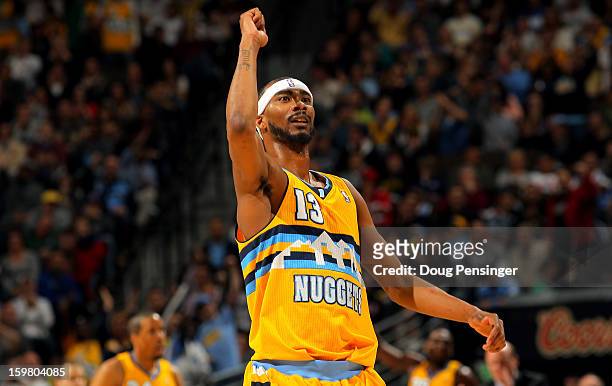 Corey Brewer of the Denver Nuggets reacts after making a three point shot against the Oklahoma City Thunder at the Pepsi Center on January 20, 2013...