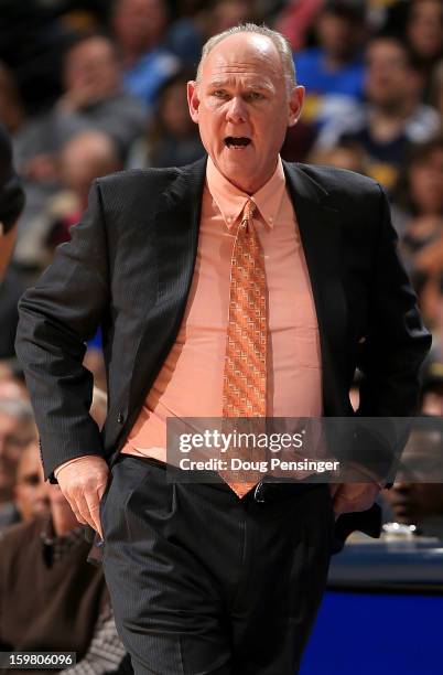 Head coach George Karl of the Denver Nuggets leads his team against the Oklahoma City Thunder at the Pepsi Center on January 20, 2013 in Denver,...