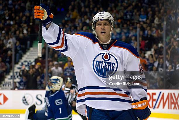 Ales Hemsky of the Edmonton Oilers celebrates after scoring on goalie Roberto Luongo of the Vancouver Canucks to end the game during the shootout in...