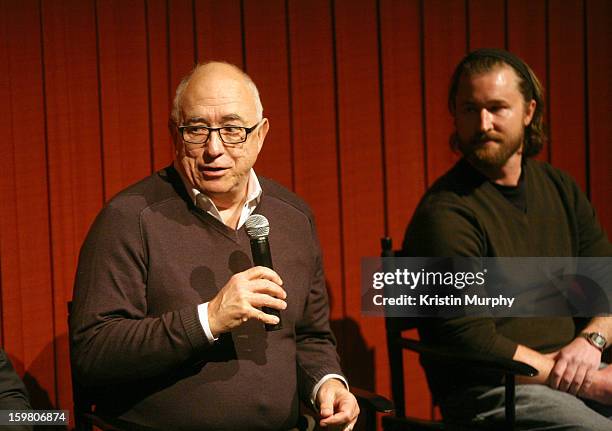 Director of Sound Design Randy Thom speaks onstage next to Erik Aadahl at the Dolby Laboratories Presentation at Holiday Village Cinema VI during the...