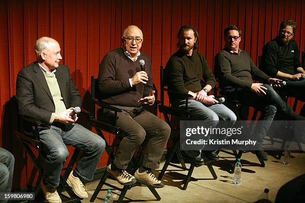 Sound editors Ben Burtt, Randy Thom, Erik Aadahl, Will Files and Phil Benson speak onstage during the Dolby Laboratories Presentation at Holiday...