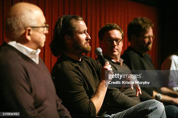 Sound editors Randy Thom, Erik Aadahl and Will Files speak onstage during the Dolby Laboratories Presentation at Holiday Village Cinema VI during the...