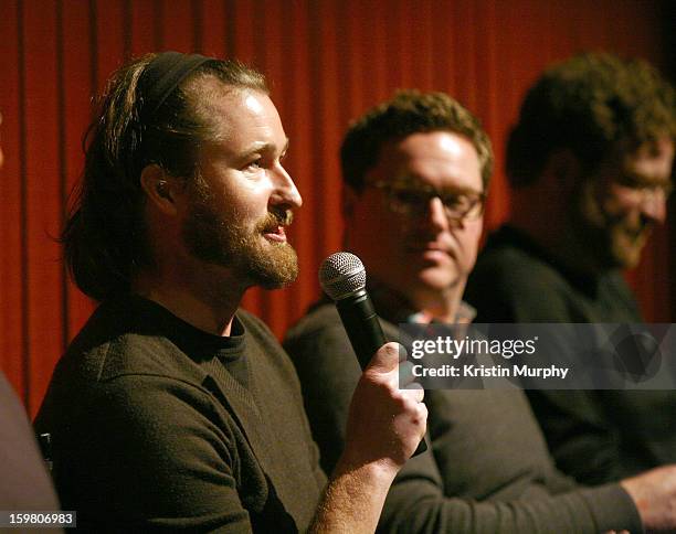 Sound Editors Erik Aadahl and Will Files speak onstage during the Dolby Laboratories Presentation at Holiday Village Cinema VI during the 2013...