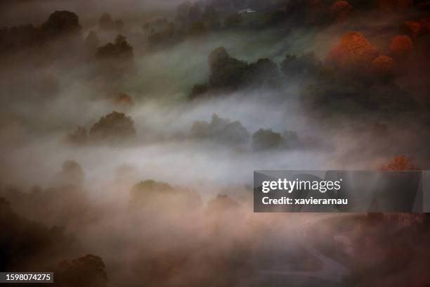 couleur des feuilles d’automne et météo atmosphérique, garrotxa - parc naturel de la zone volcanique de la garrotxa photos et images de collection