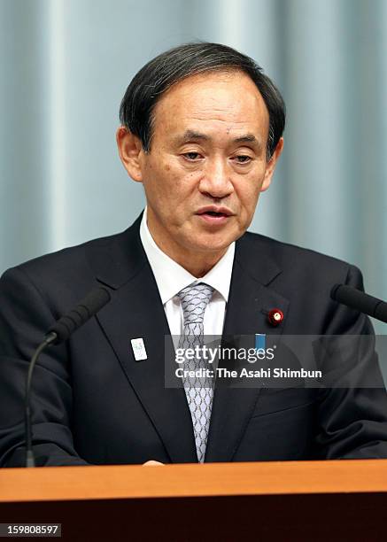 Chief Cabinet Secretary Yoshihide Suga speaks during a press conference on Japanese hostage at Algerian plant at Prime Minister Shinzo Abe's official...