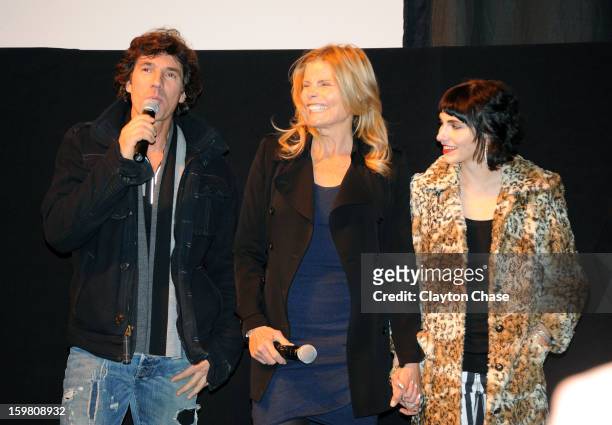 Actors Bobby Williams, Mariel Hemingway and Langley Hemingway speak onstage at the "Running From Crazy" premiere at the Marc Theatre during the 2013...