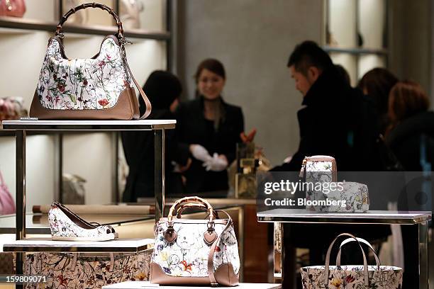 Gucci goods are displayed at the company's store in the Omotesando district of Tokyo, Japan, on Saturday, Jan. 19, 2013. Japan's consumer prices...