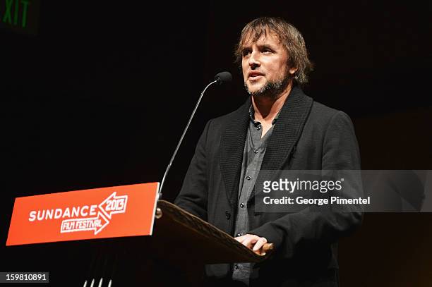 Director Richard Linklater speaks onstage during the "Before Midnight" premiere at Eccles Center Theatre during the 2013 Sundance Film Festival on...
