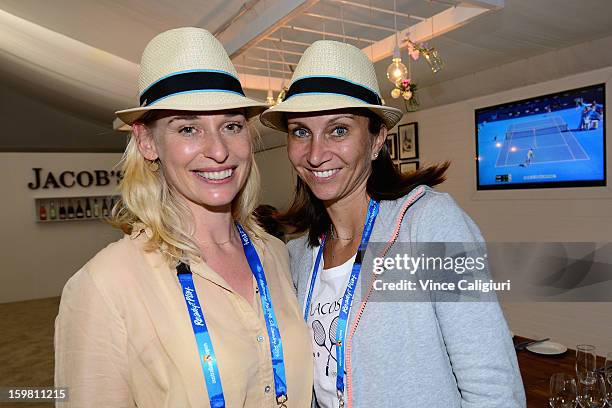 Barbara Schett and Iva Majoli pose at the Australian Open Legends Access Hour during day eight of the 2013 Australian Open at Melbourne Park on...