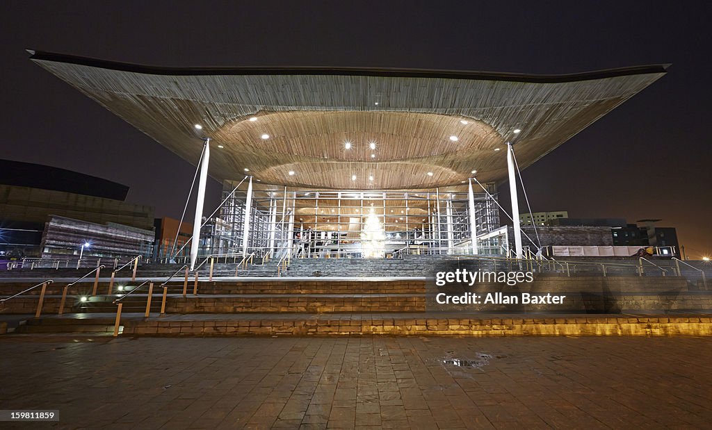 Senedd, Welsh Parliament building at night