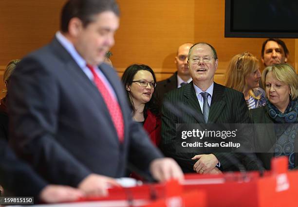 Peer Steinbrueck, chancellor candidate for the German Social Democrats , looks on as SPD Chairman Sigmar Gabriel and Stephan Weil, SPD gubernatorial...