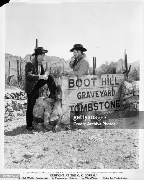 Kirk Douglas and Burt Lancaster at a grave yard in a scene from the film 'Gunfight At The O.K. Corral', 1956.