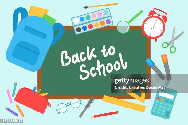 back to school concept with chalkboard and school supplies - student flat stock illustrations