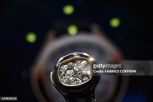 Emperador coussin 48mm automatic minute repeater watch by watchmaker Piaget, part of luxury goods group Richemont is seen during the opening day of...