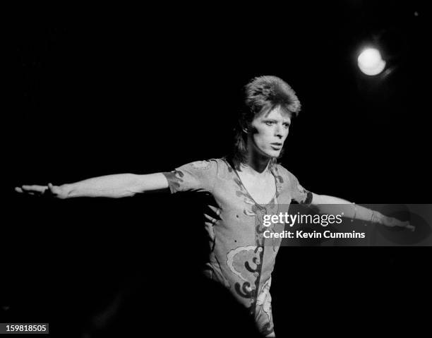 English singer David Bowie performs at the Rollarena in Leeds during the Ziggy Stardust / Aladdin Sane tour 29th June 1973.