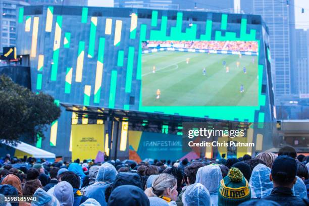 General view of the Melbourne Fan Festival with capacity crowd watching Australian Matildas vs France Les Bleus at the FIFA Women's World Cup...