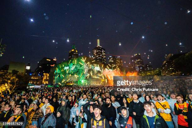 General view of the Melbourne Fan Festival with capacity crowd watching Australian Matildas vs France Les Bleus at the FIFA Women's World Cup...