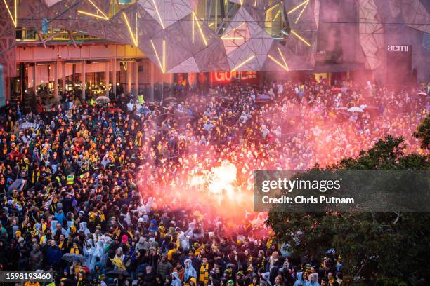 General view of the Melbourne Fan Festival with capacity crowd watching Australian Matildas vs France Les Bleus at the FIFA Women's World Cup...