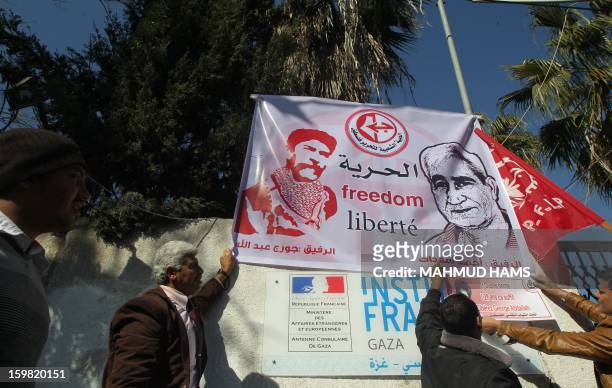 Palestinian supporters of the Popular Front for the Liberation of Palestine take part in a protest outside the French Cultural Center calling for the...