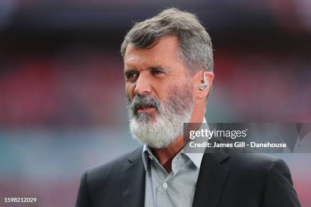 Pundit Roy Keane during The FA Community Shield match between Manchester City against Arsenal at Wembley Stadium on August 06, 2023 in London,...