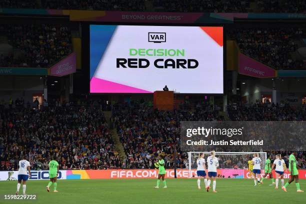 Screen displays the straight red card to Lauren James of England during the FIFA Women's World Cup Australia & New Zealand 2023 Round of 16 match...