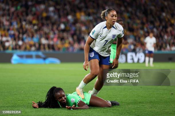 Lauren James of England stamps on Michelle Alozie of Nigeria which later leads to a red card being shown following a Video Assistant Referee review...