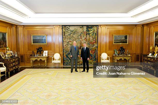 King Juan Carlos of Spain attends an audience with President of the Basque Government, Lehendakari Inigo Urkullu, at Zarzuela Palace on January 21,...