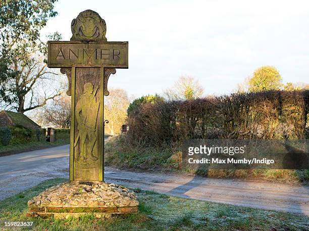 General view of the wooden Anmer village sign in Anmer on January 13, 2013 in King's Lynn, England. It has been reported that Queen Elizabeth II is...