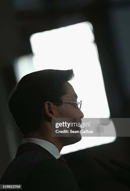 Philipp Roesler, Chairman of the German Free Democrats , and FDP Bundestag faction leader Rainer Bruederle speak to the media to confirm their future...