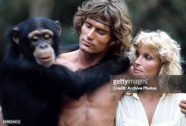 Chimpanzee, Miles O'Keeffe and Bo Derek together in a scene from the film 'Tarzan, The Ape Man', 1981.