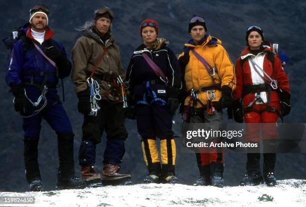 The cast in publicity portrait for the film 'Vertical Limit', 2000. It includes Scott Glenn, Izabella Scorupco, Chris O'Donnell and Robin Tunney.